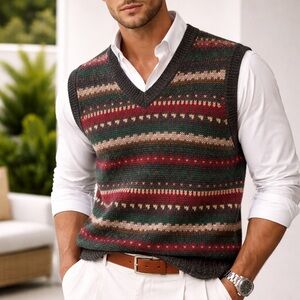 CesaranI Pure Wool Fair Isle Sweater Vest L Vintage Style V-Neck (1201)